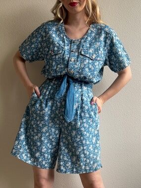 Deadstock Vintage 1980s Denim Romper With Floral Print (M)